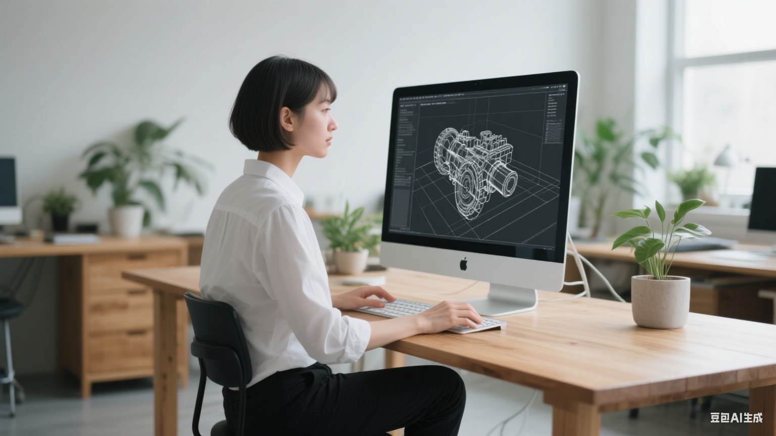 Designer is working in the office using AutoCAD to design parts and products